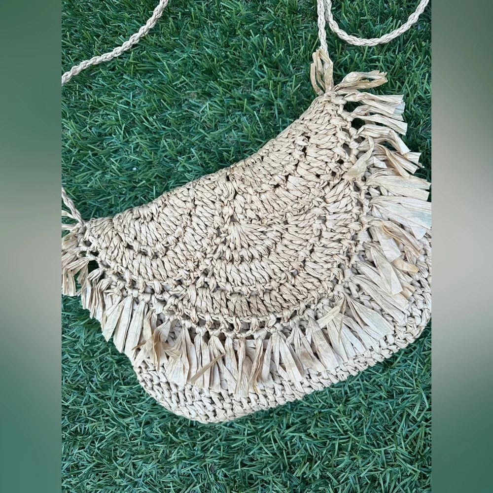 BNWT Dutch Handmade Crocheted Straw Crossbody Bag Purse - Picture 3 of 12